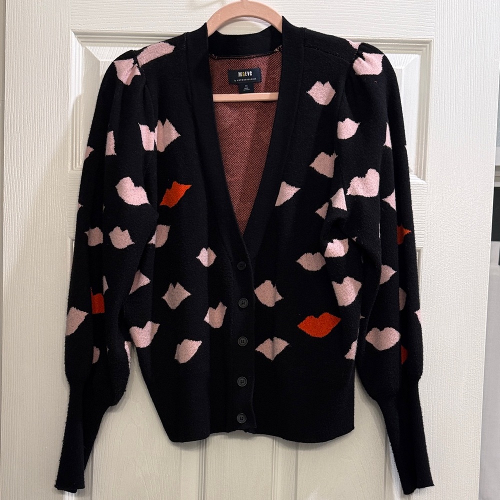 Anthropologie Maeve Black Cardigan with Pink and Red Accents